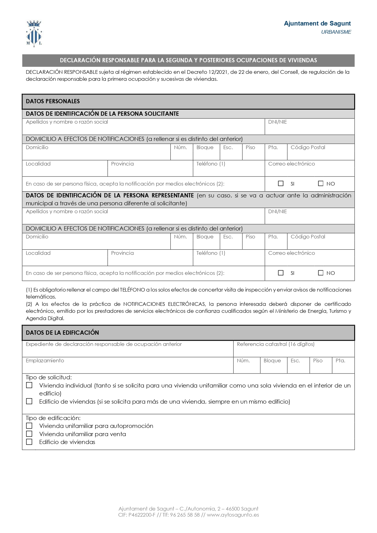 Modelo Instancia Declaración Responsable Segunda Ocupación Sagunt