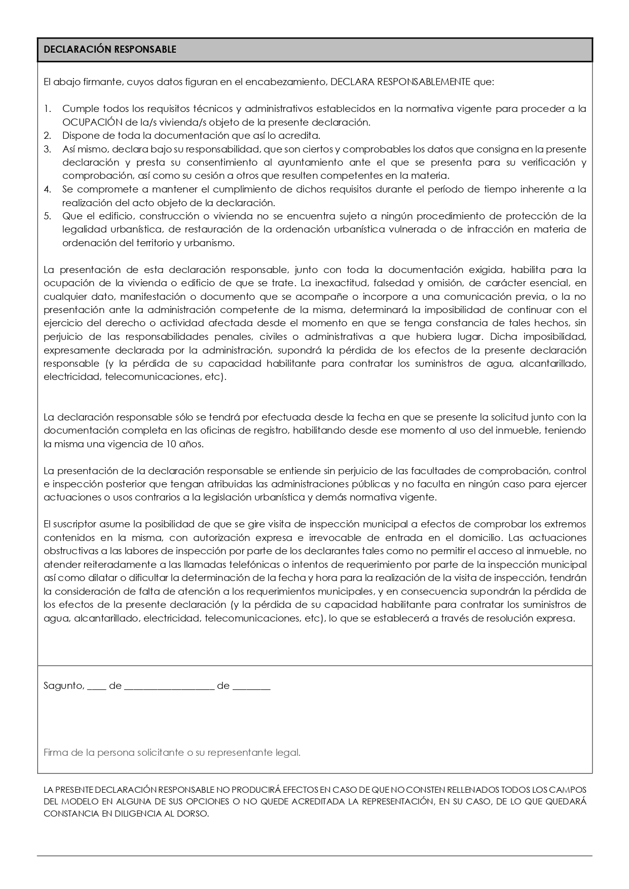 Modelo Instancia Declaración Responsable Segunda Ocupación Sagunt