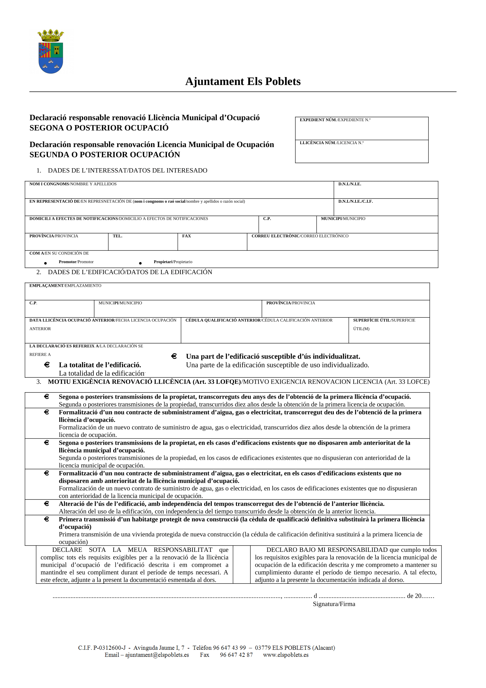 Declaración Responsable Segunda Ocupación (Cédula de Habitabilidad) en Els Poblets