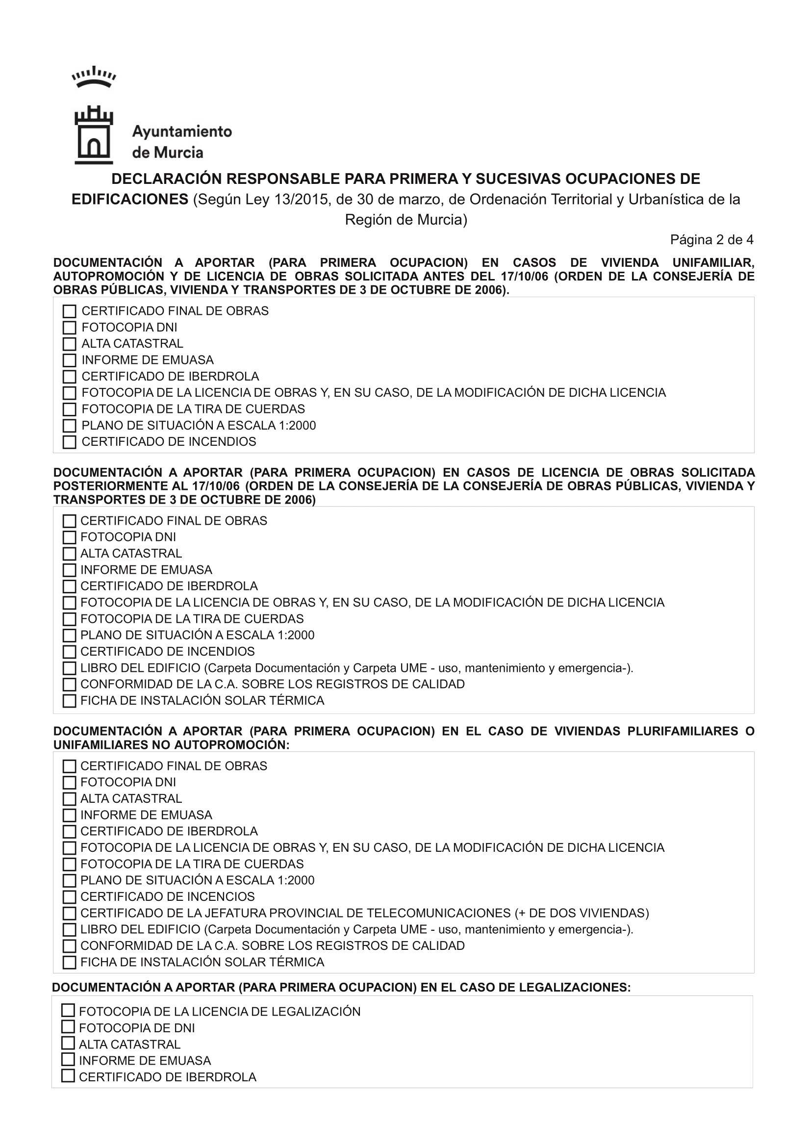 Declaración Responsable Segunda Ocupación (Cédula de Habitabilidad) en Murcia