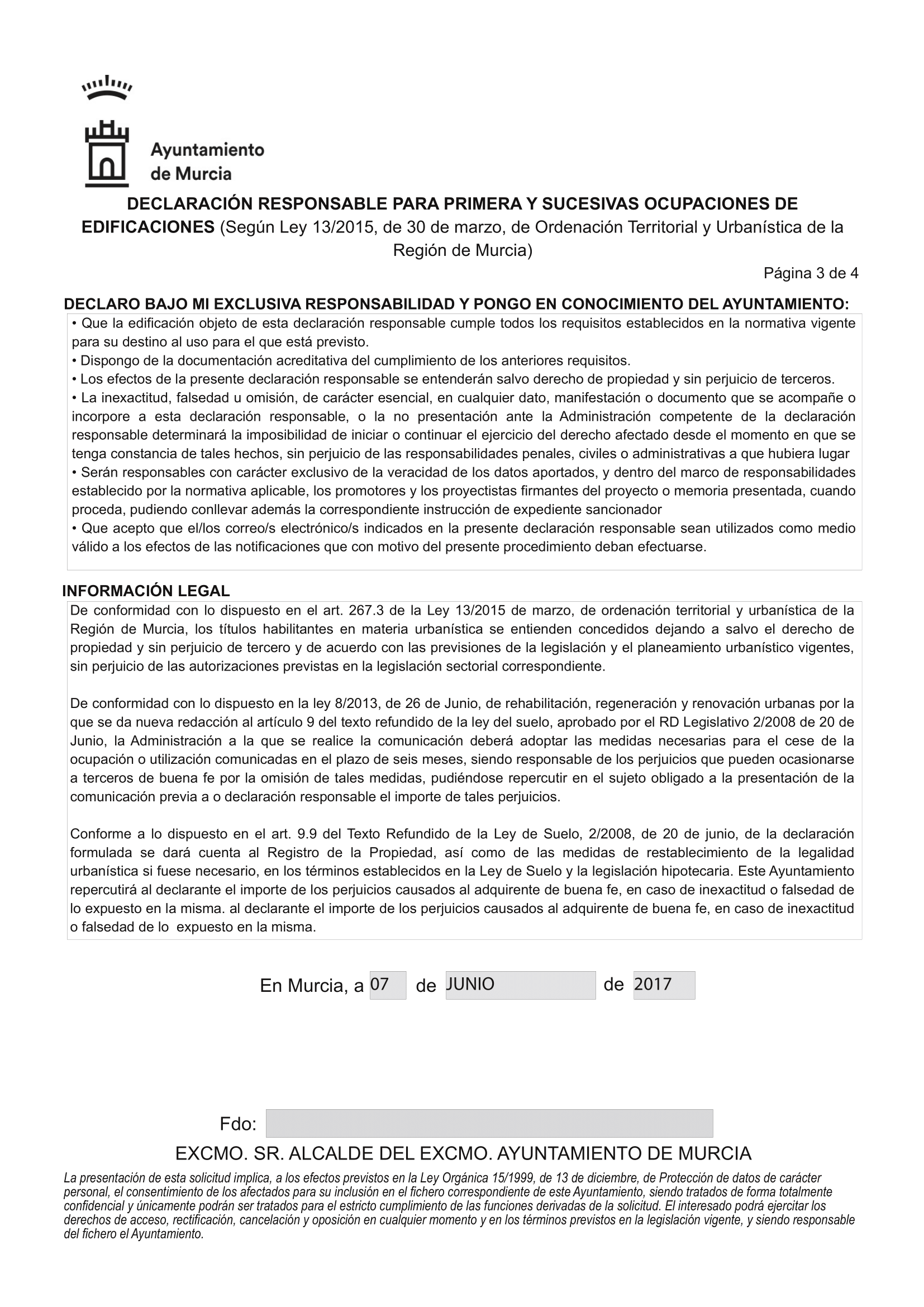 Declaración Responsable Segunda Ocupación (Cédula de Habitabilidad) en Murcia