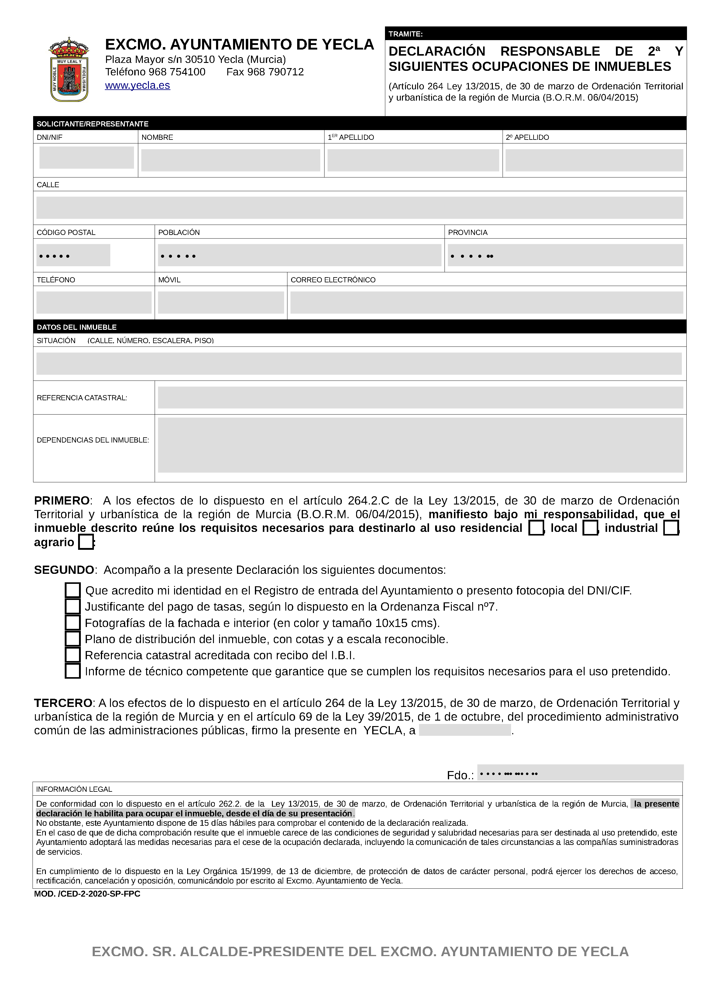 Impreso Declaración Responsable Segunda Ocupacion Yecla
