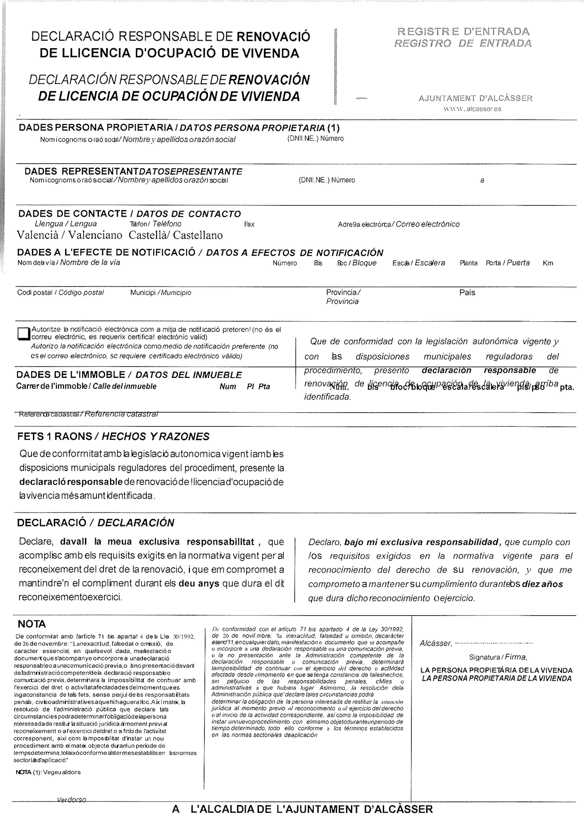 Impreso Declaración Responsable Segunda Ocupación - Alcasser 1