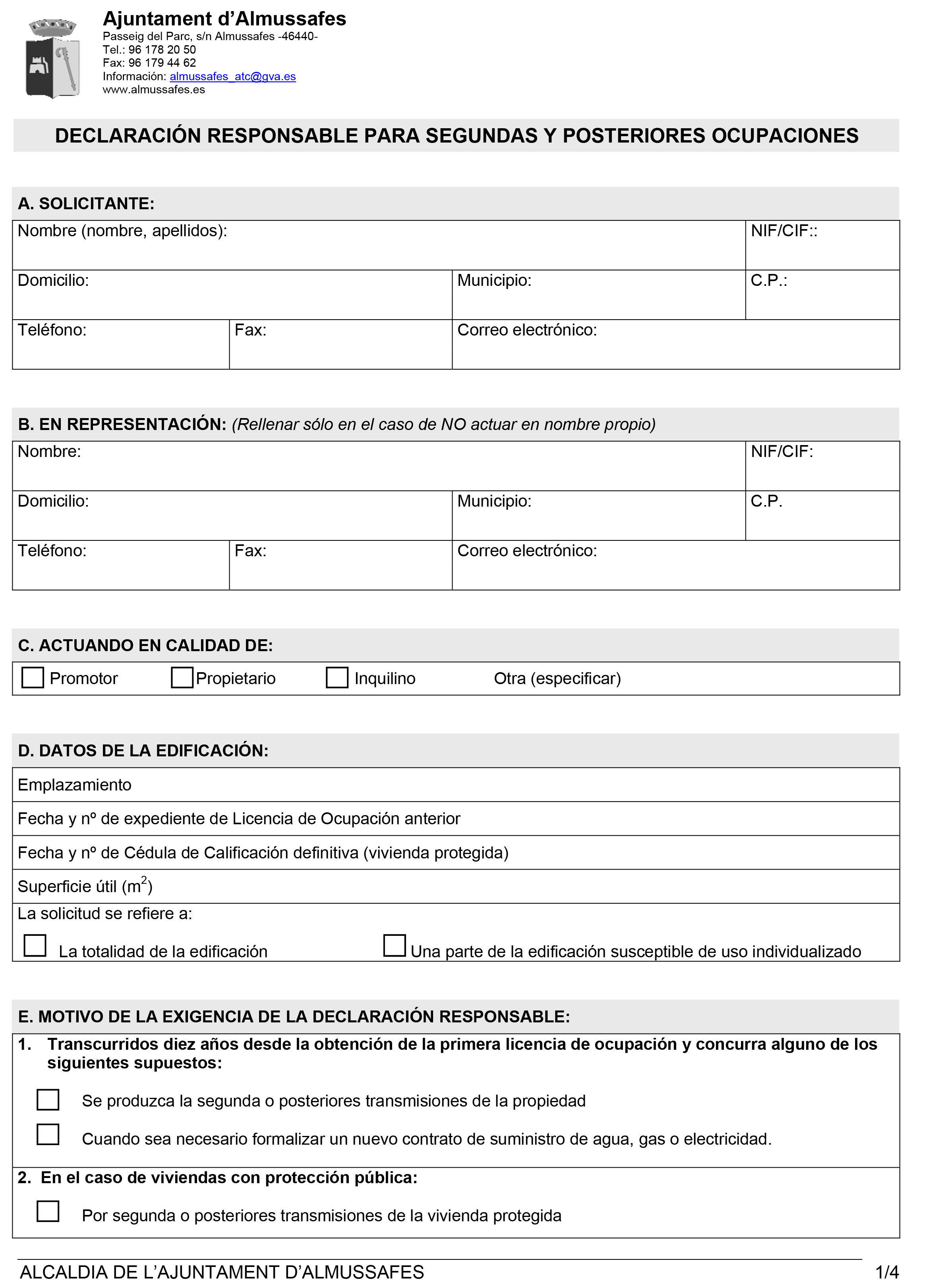 Impreso Declaración Responsable Segunda Ocupación - Almussafes 1