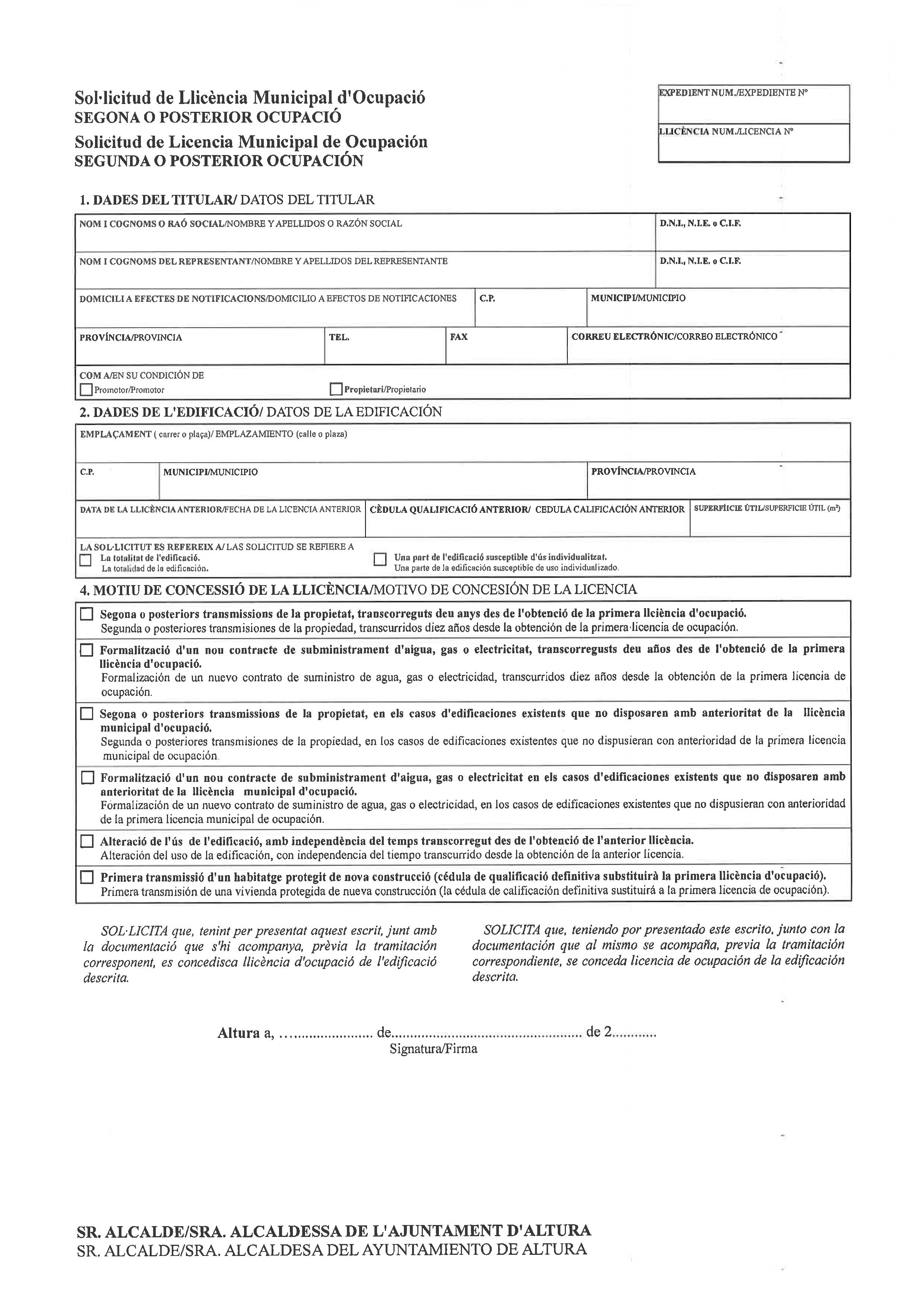 Impreso Declaración Responsable Segunda Ocupación - Altura