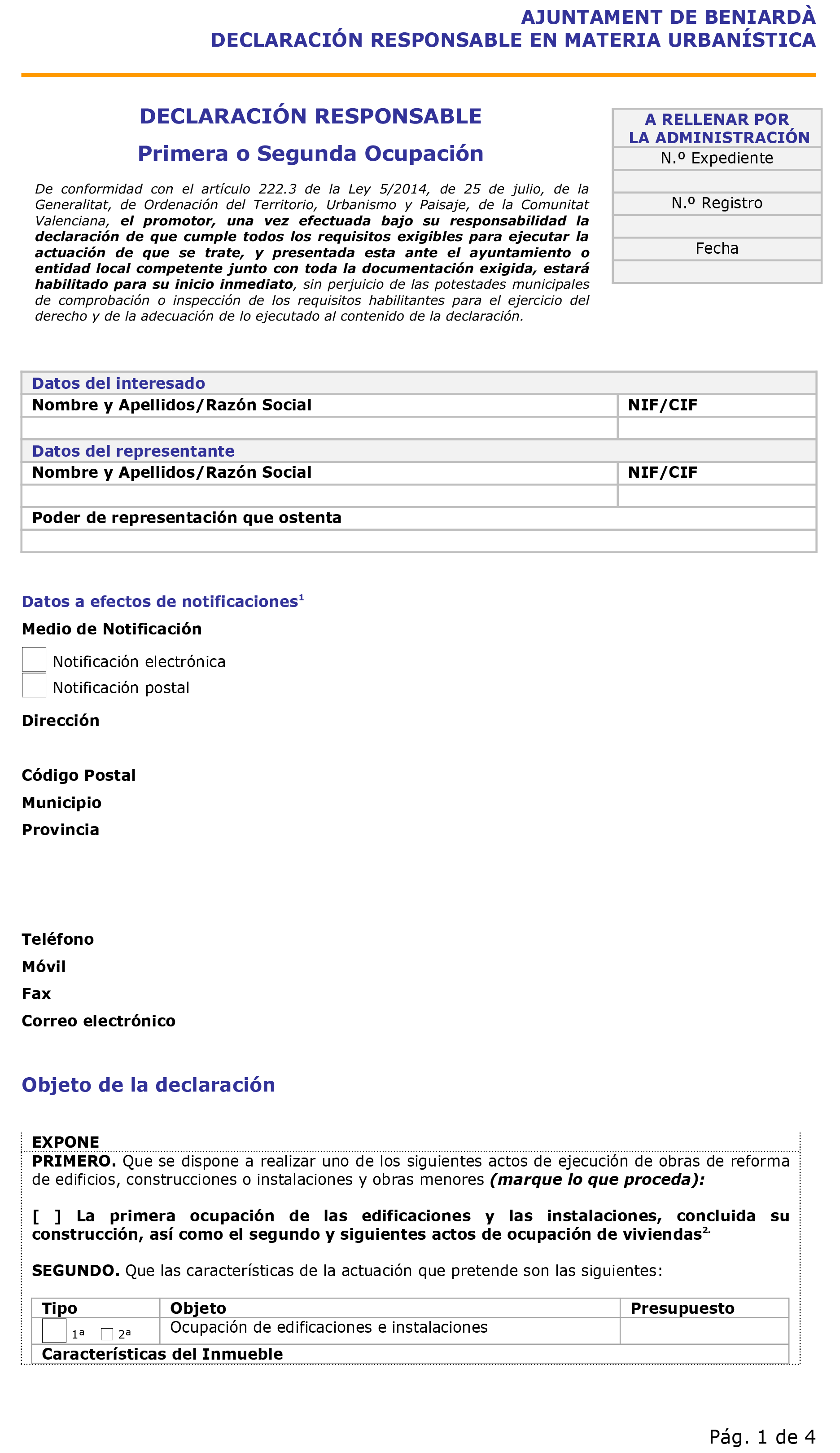 Impreso Declaración Responsable Segunda Ocupación - Beniardà 1