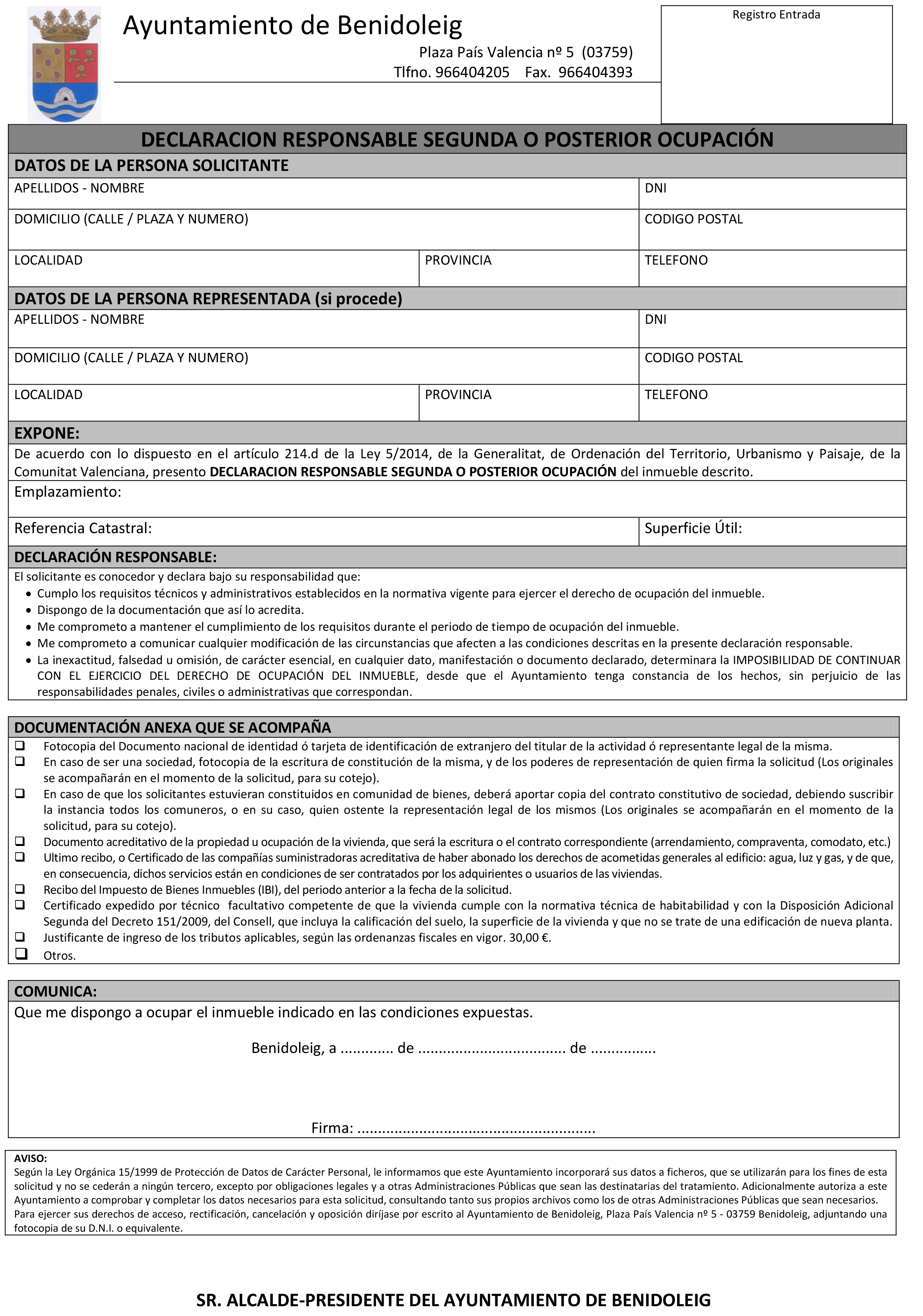 Impreso Declaración Responsable Segunda Ocupación - Benidoleig