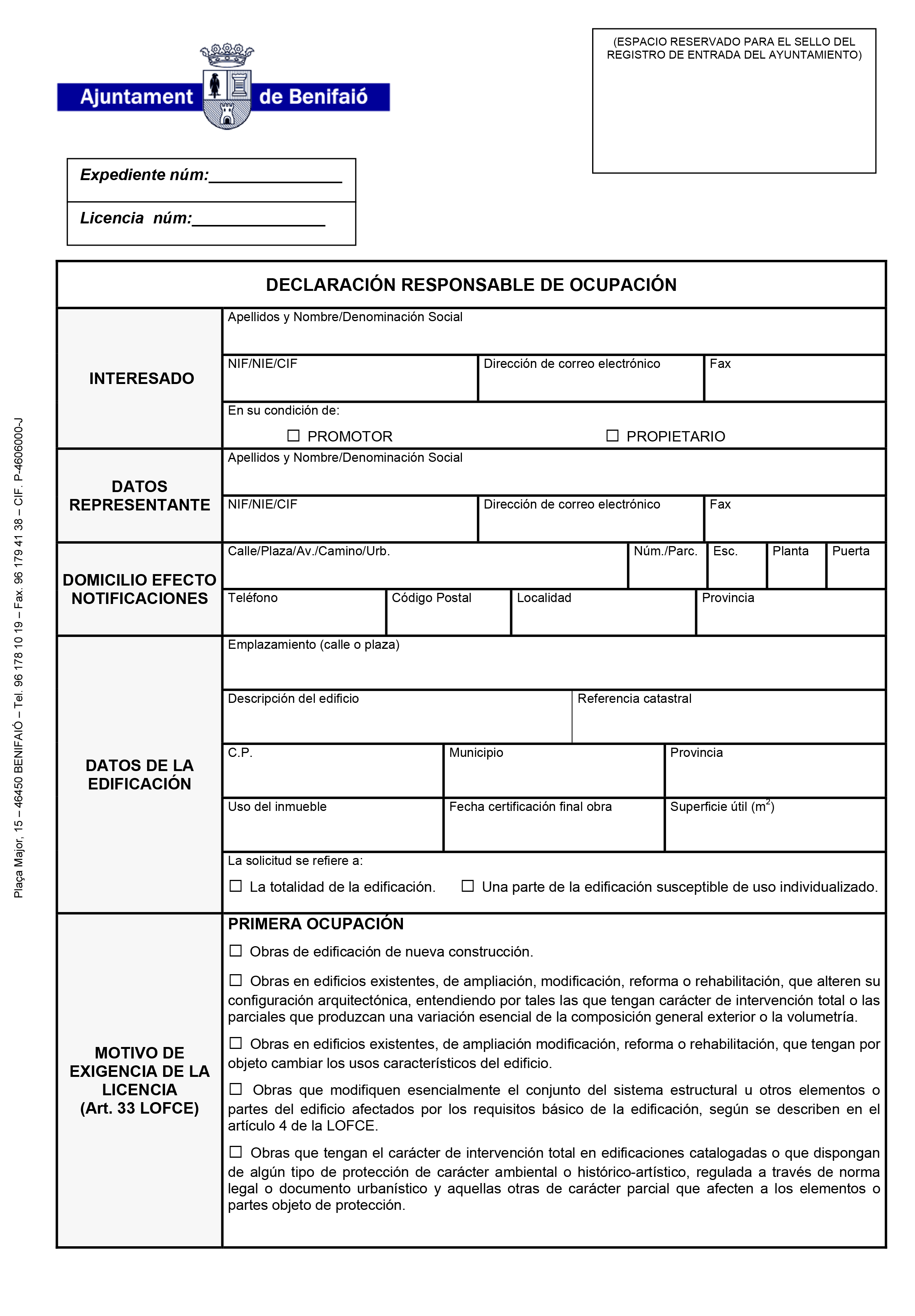 Impreso Declaración Responsable Segunda Ocupación - Benifaió 1