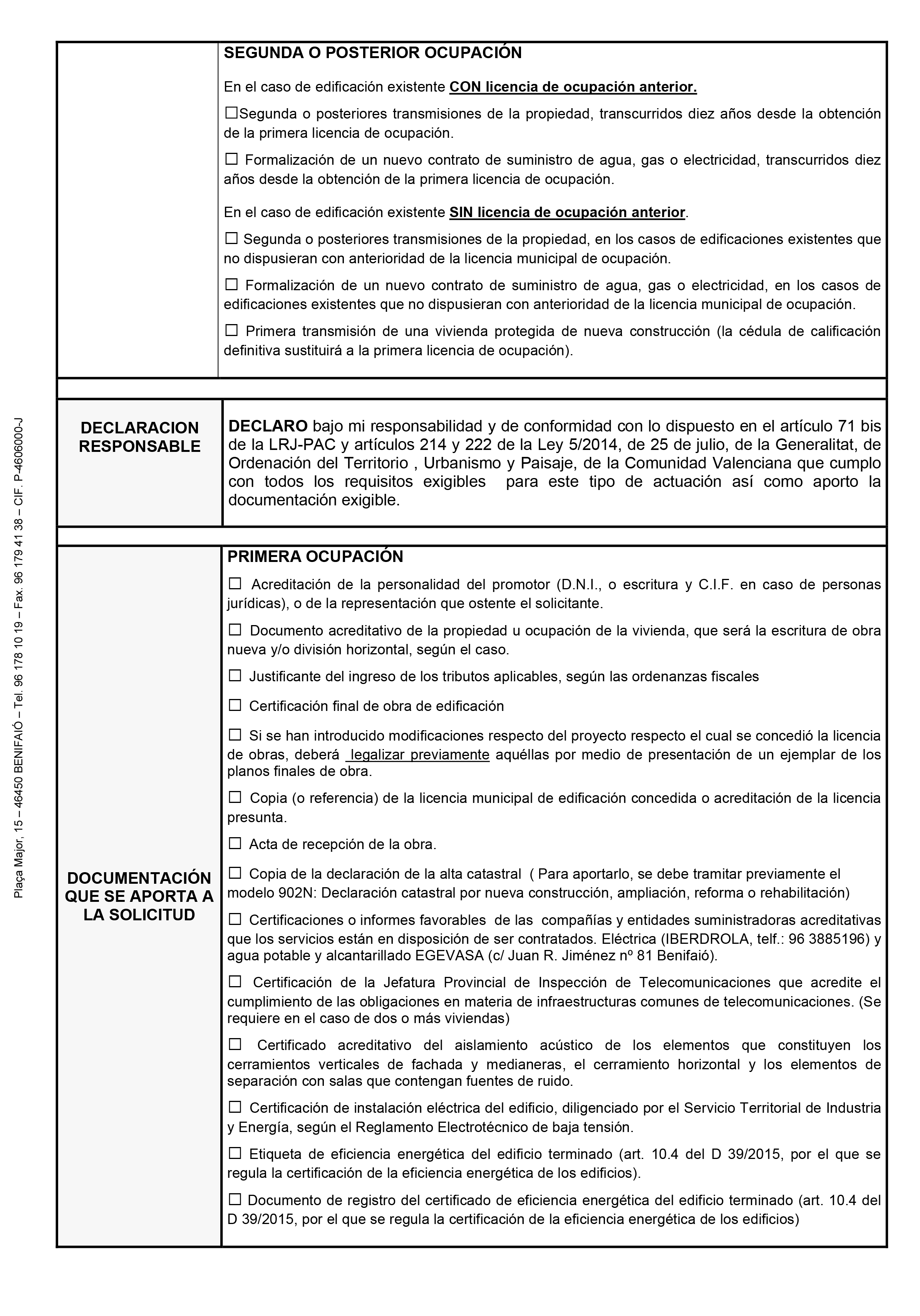 Impreso Declaración Responsable Segunda Ocupación - Benifaió 2