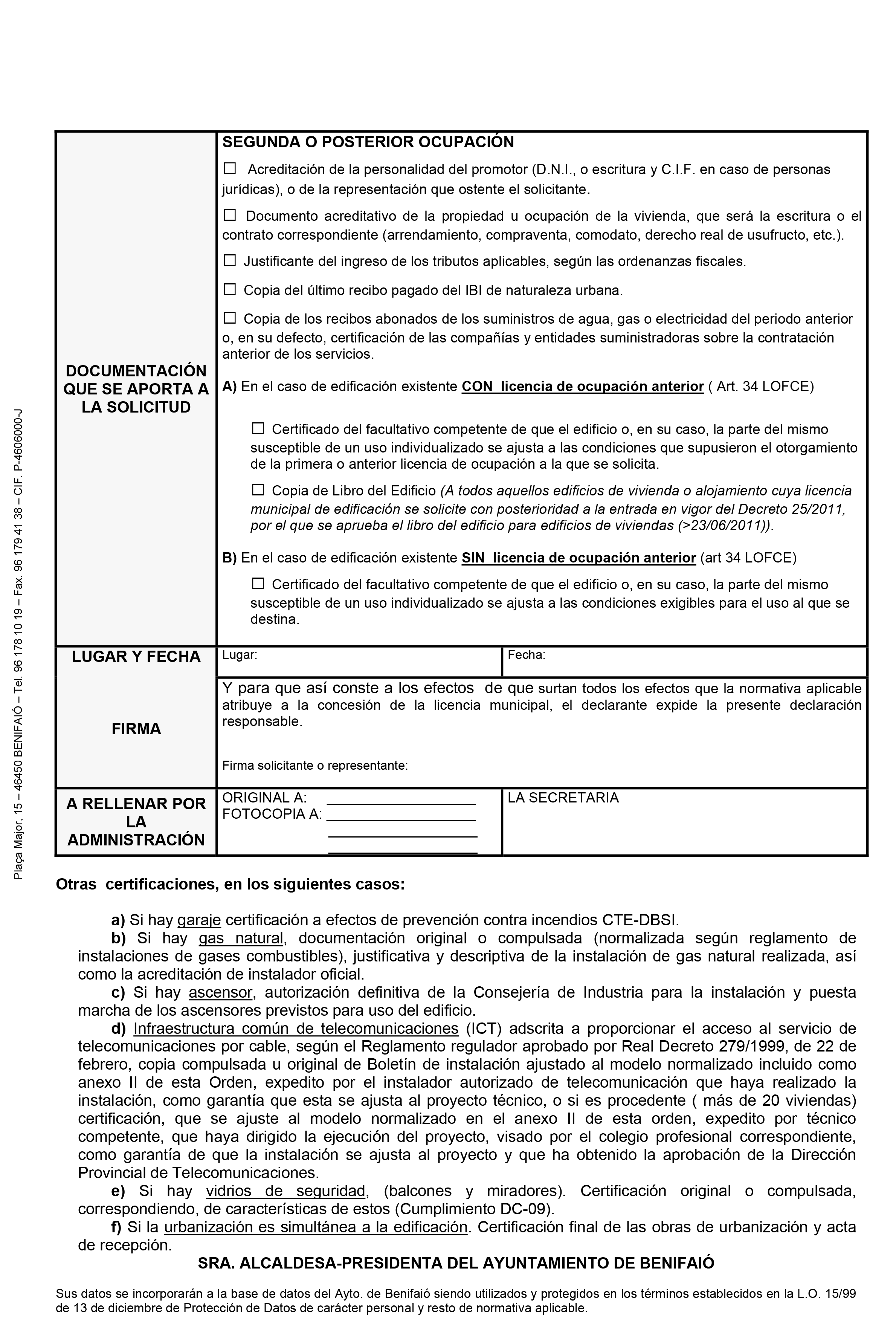 Impreso Declaración Responsable Segunda Ocupación - Benifaió 3