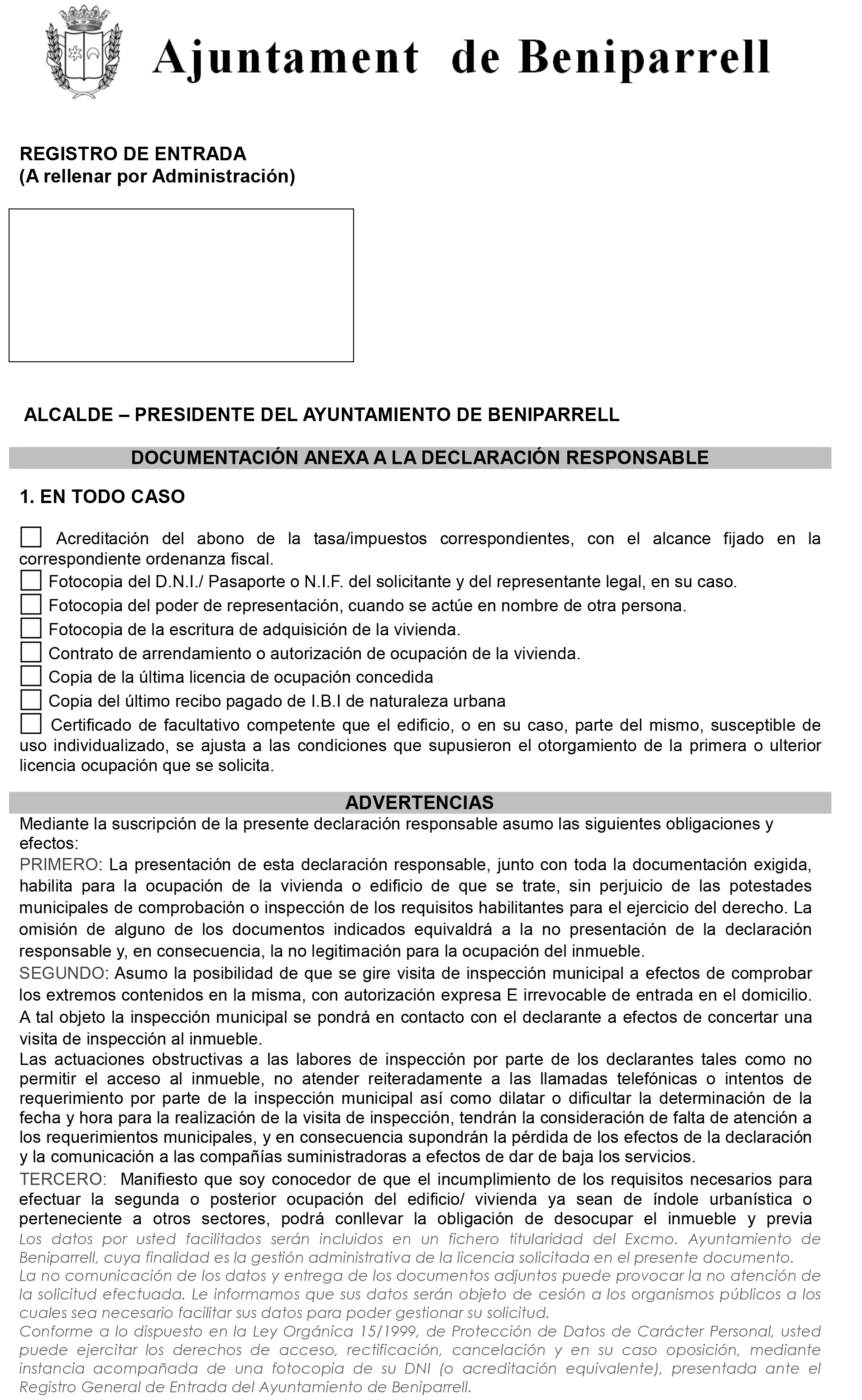 Impreso Declaración Responsable Segunda Ocupación - Beniparrell 3
