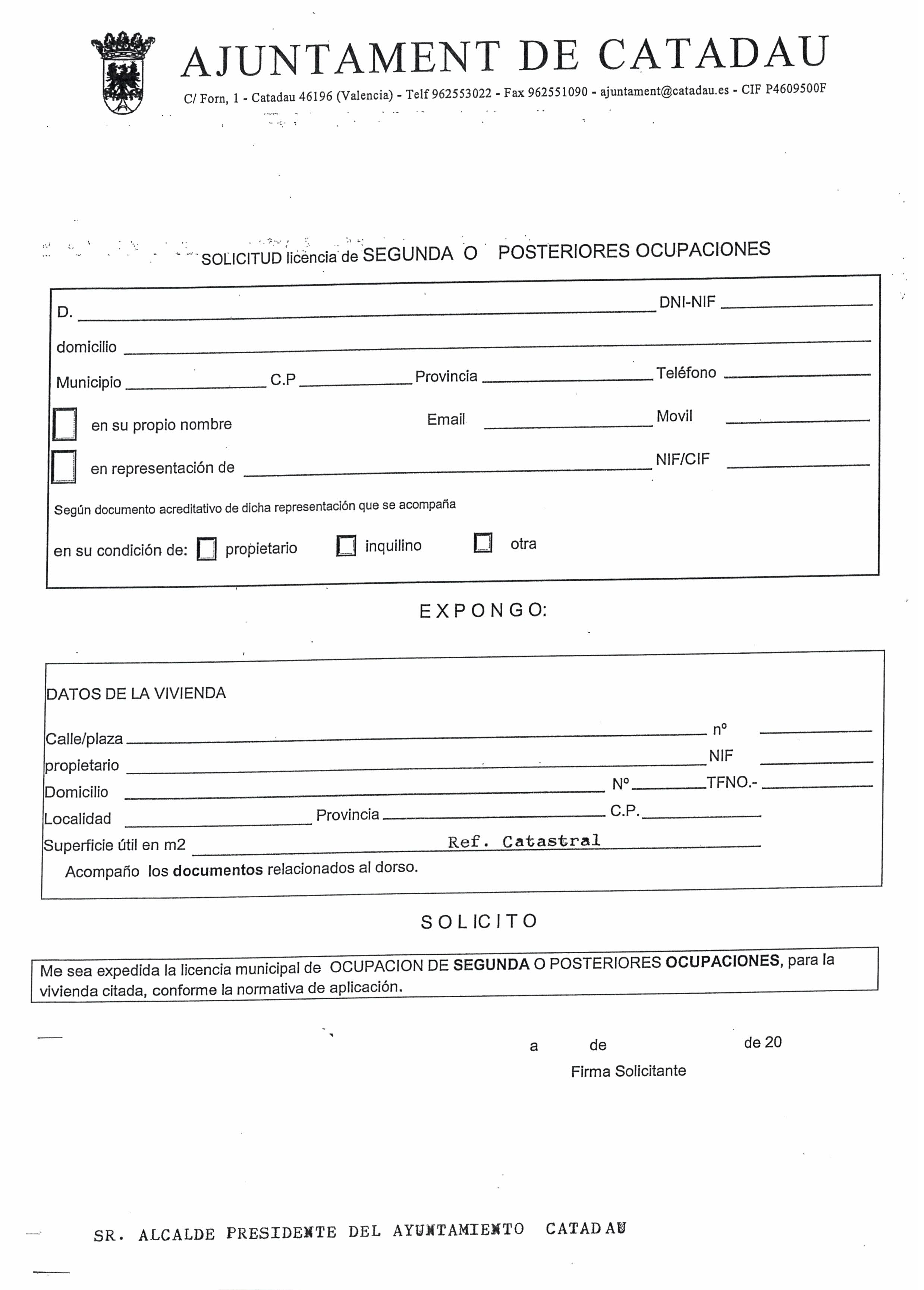 Impreso Declaración Responsable Segunda Ocupación - Catadau 1