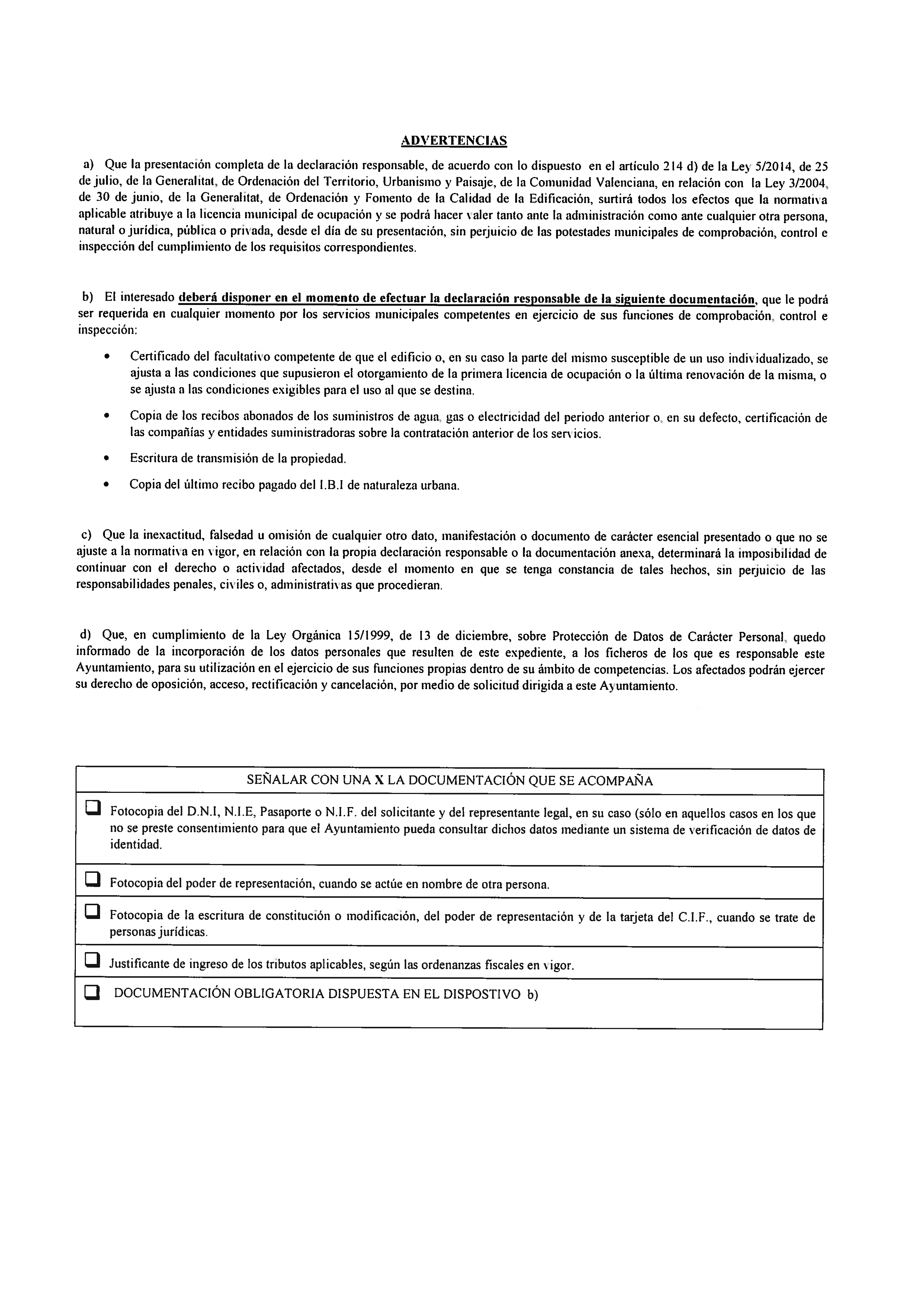Impreso Declaración Responsable Segunda Ocupación Alfaz de Pi/l´Alfàs del Pi