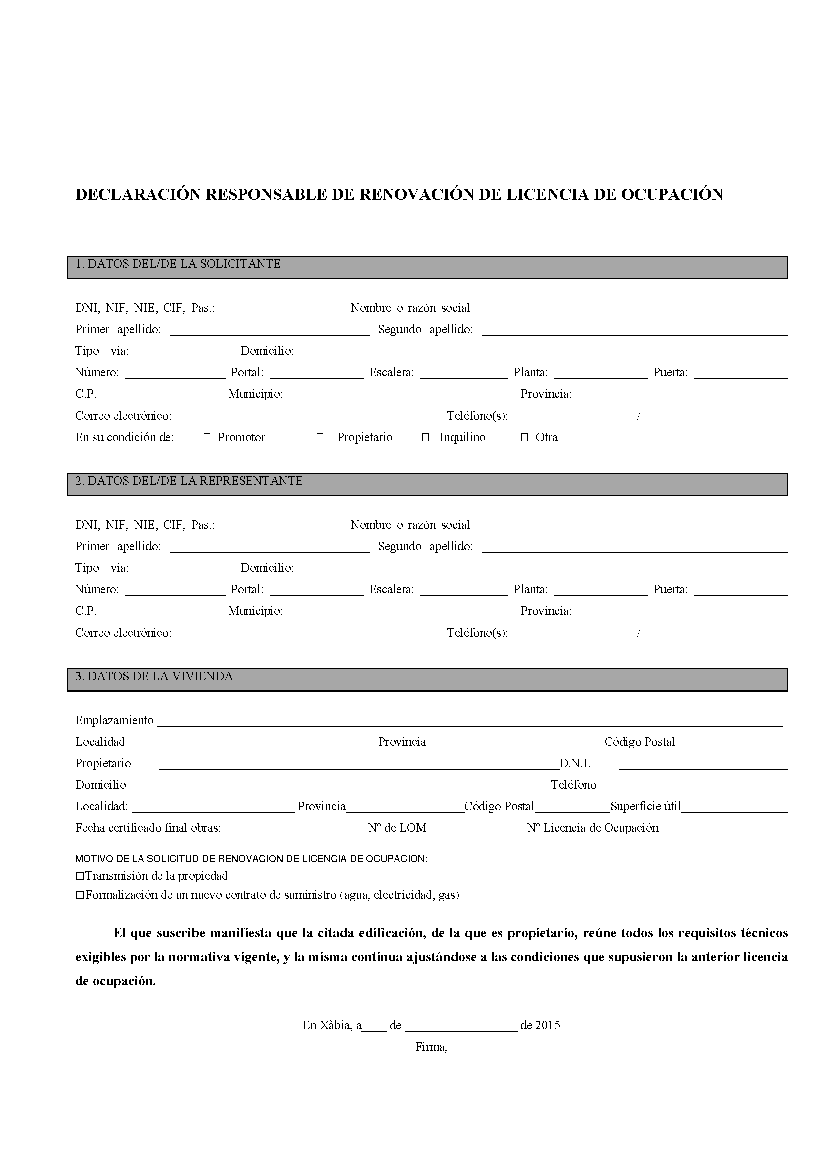 Impreso Declaración Responsable Segunda Ocupación Jávea/Xàbia
