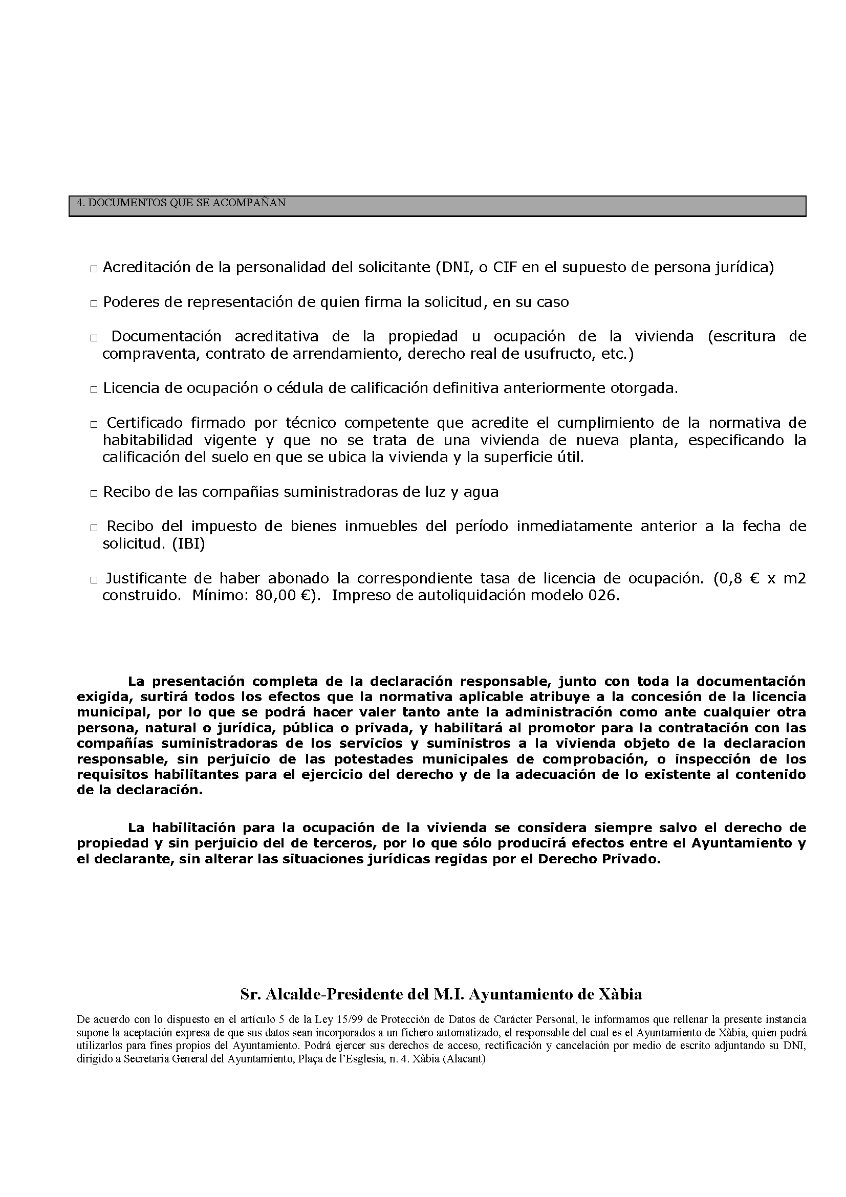 Impreso Declaración Responsable Segunda Ocupación Jávea/Xàbia