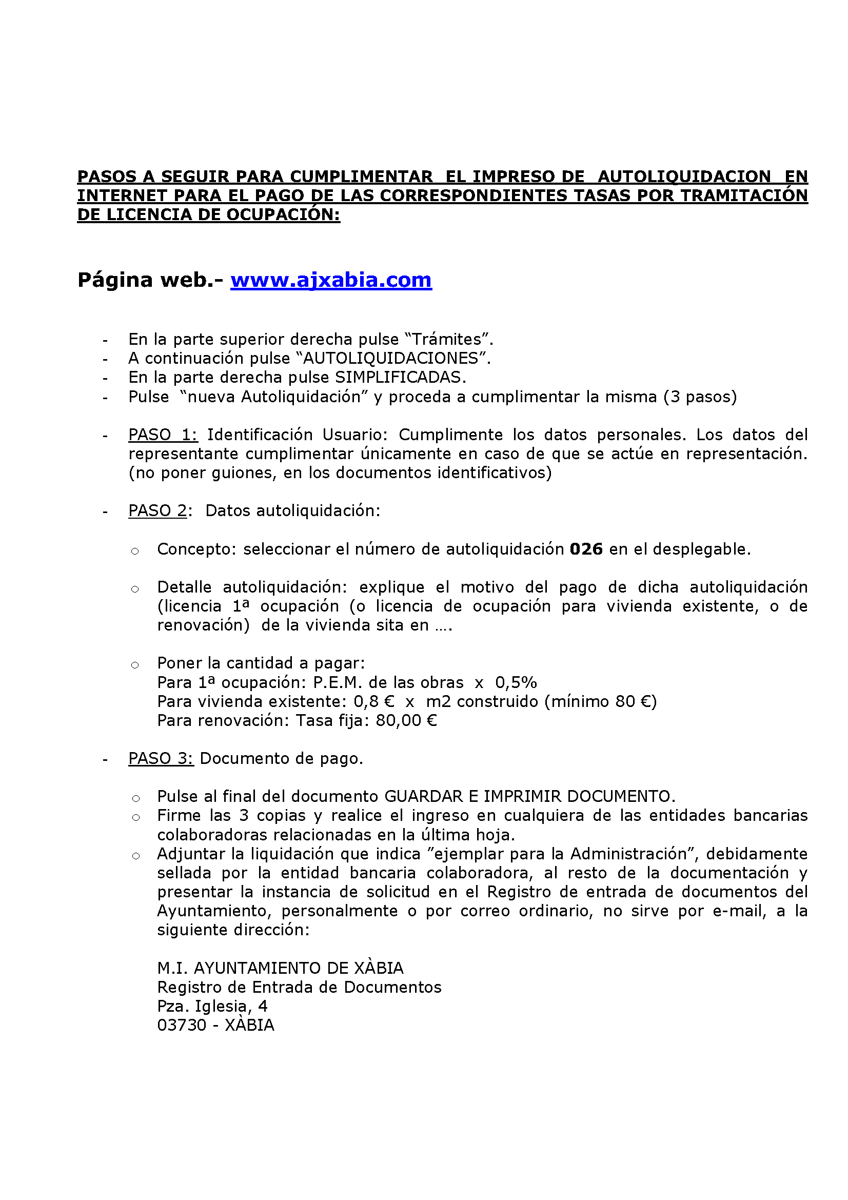 Impreso Declaración Responsable Segunda Ocupación Jávea/Xàbia