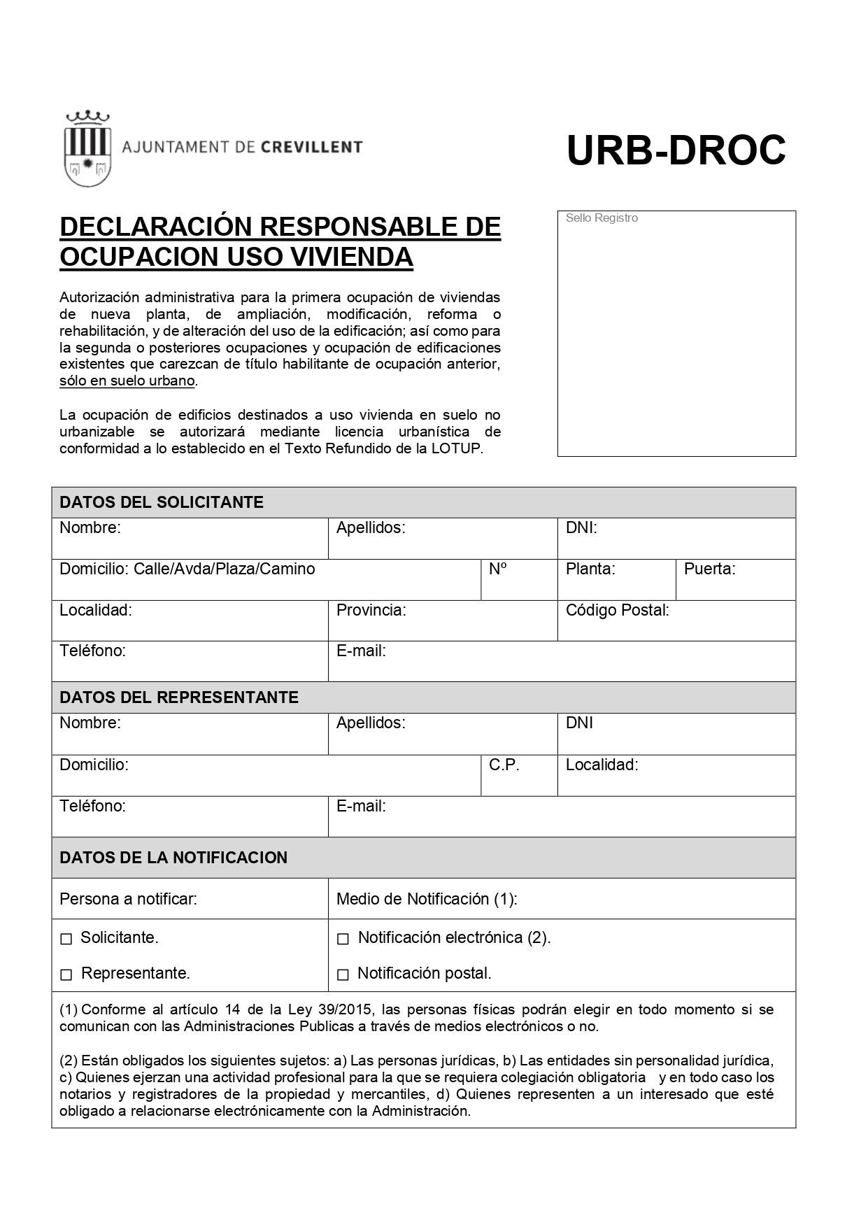 Instancia Declaración Responsable Segunda Ocupación en Crevillente