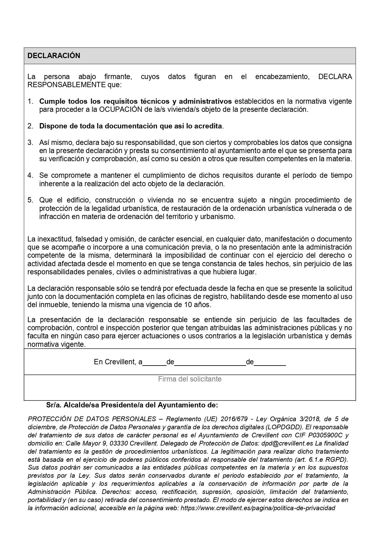 Instancia Declaración Responsable Segunda Ocupación en Crevillente