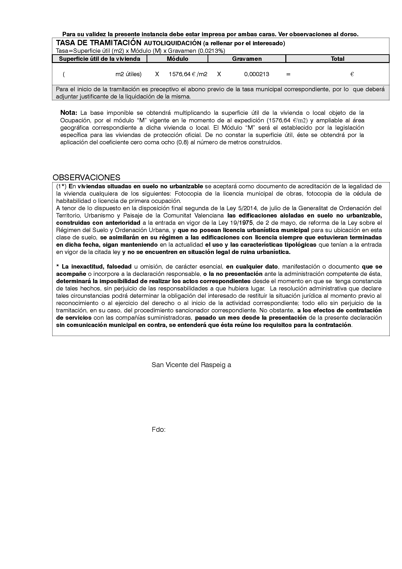 Impreso Declaración Responsable Segunda Ocupación San Vicente del Raspeig - Vivienda